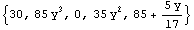 {30, 85 y^3, 0, 35 y^2, 85 + (5 y)/17}
