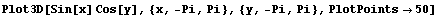 Plot3D[Sin[x] Cos[y], {x, -Pi, Pi}, {y, -Pi, Pi}, PlotPoints→50]